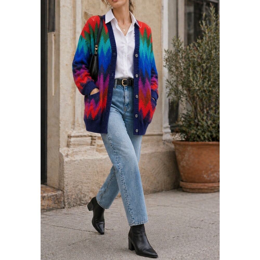 Vintage 1991 Susan Bristol Mohair Wool Rainbow Zigzag Cardigan Sweater Size S